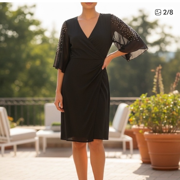 Msk Black Draped Cocktail Dress Rhinestone Sleeves M